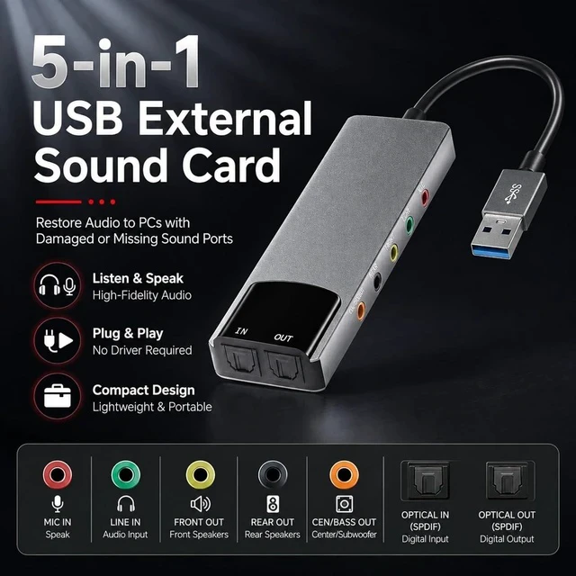 Alt view image 2 of 7 - USB External Sound Card Adapter with Optical Input Output, Audio Interface with 5.1 7.1 Channel Noise Reduction, Plug and Play for PC, Laptop (Aluminum Alloy)