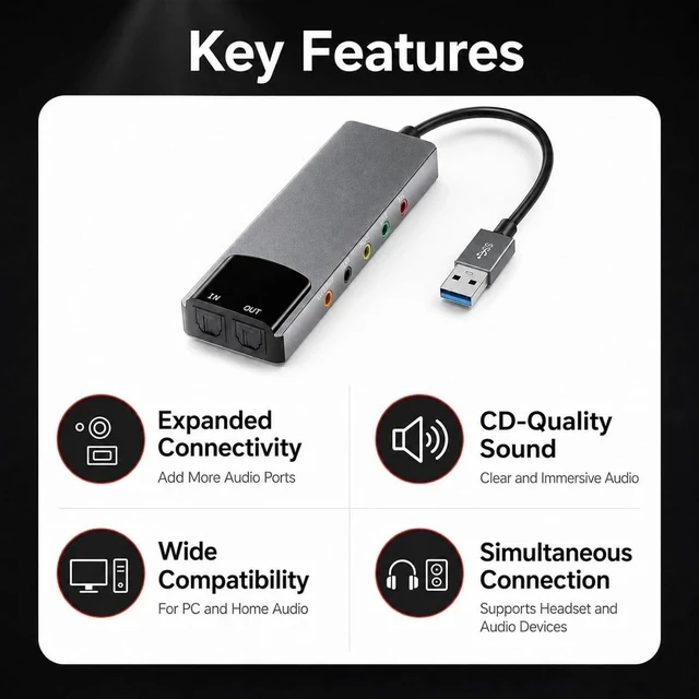 Alt view image 3 of 7 - USB External Sound Card Adapter with Optical Input Output, Audio Interface with 5.1 7.1 Channel Noise Reduction, Plug and Play for PC, Laptop (Aluminum Alloy)