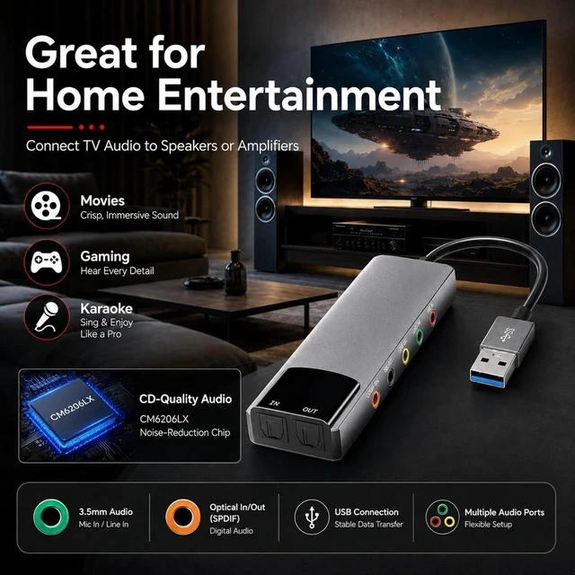 Alt view image 5 of 7 - USB External Sound Card Adapter with Optical Input Output, Audio Interface with 5.1 7.1 Channel Noise Reduction, Plug and Play for PC, Laptop (Aluminum Alloy)