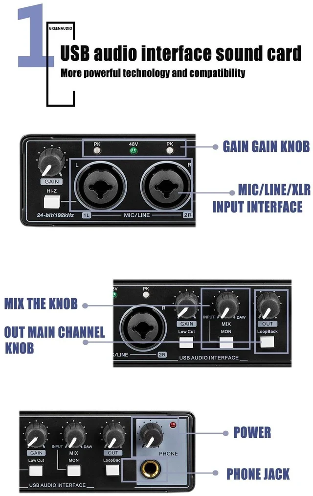 Alt view image 2 of 6 - Professional Recording Sound Card for Microphone Studio-Grade Audio Interface for Band Recording / Voice-Over / Live Streaming - GAX-MD22 Black