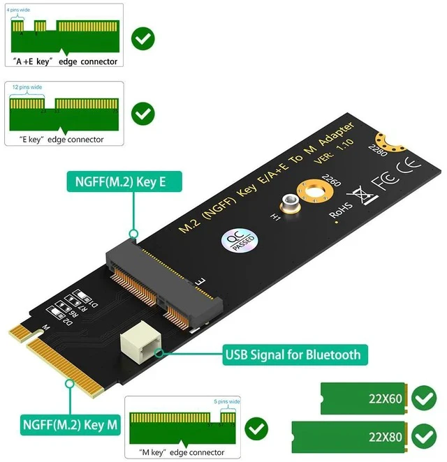 Alt view image 3 of 5 - M.2 NGFF A+E Key to M Key Adapter Card WiFi + Bluetooth Module Converter, A+E to M Key M.2 Slot Adapter for Wireless / BT / CNVi Modules