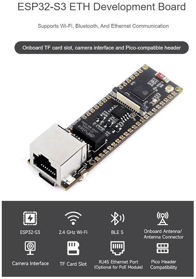 Alt view image 2 of 7 - ESP32-S3 PoE ETH Development Board Based on ESP32-S3R8,ESP32 S3 Ethernet Module, 10/100Mbps RJ45 Ethernet Port,Dual Core Processor,Support Wi-Fi & Bluetooth