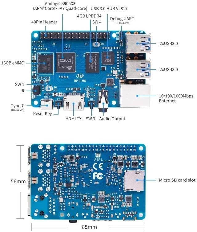 Alt view image 5 of 6 - Banana Pi BPI-M5 Amlogic S905X3 Single Board Computer with 4GB RAM and 16G eMMC for AIOT Support Android Debian Raspberry Pi Replacement (with case)
