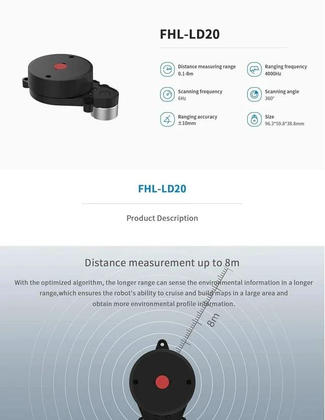 Alt view image 3 of 7 - FHL-LD20 8 meters 360 deg; Lidar sensor, provides Compatible with Raspberry Pi C/ROS1&2 Tutorial, triangulated LiDAR LD14P, software start-stop control (LD20 Lidar Kit)