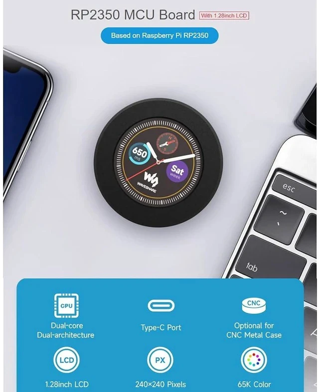 Alt view image 2 of 7 - RP2350 MCU Board with 1.28inch Round LCD 240×240 Pixels 65K Color IPS Display,Dual-core & Dual-Architecture Design,6-axis Sensor