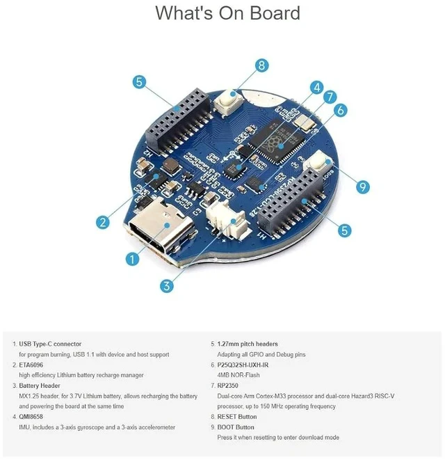 Alt view image 7 of 7 - RP2350 MCU Board with 1.28inch Round LCD 240×240 Pixels 65K Color IPS Display,Dual-core & Dual-Architecture Design,6-axis Sensor
