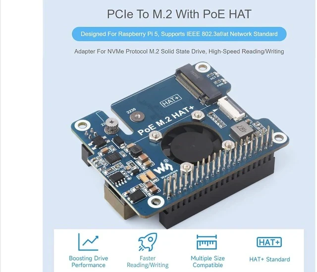 Alt view image 2 of 7 - PCIe to M.2 Adapter with PoE HAT for Raspberry Pi 5,Supports NVMe Protocol M.2 SSD 2230/2242,Supports IEEE 802.3af/at Network Standard