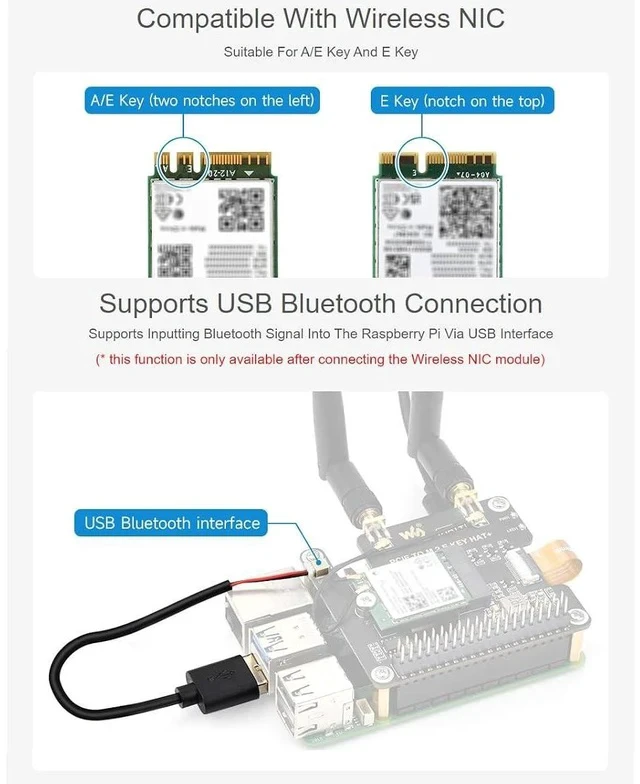 Alt view image 4 of 7 - PCIe to M.2 E Key Adapter with PoE HAT for Raspberry Pi 5,Compatible with NGFF (M.2 E Key) Wireless NIC,Suitable for A/E Key and E Key