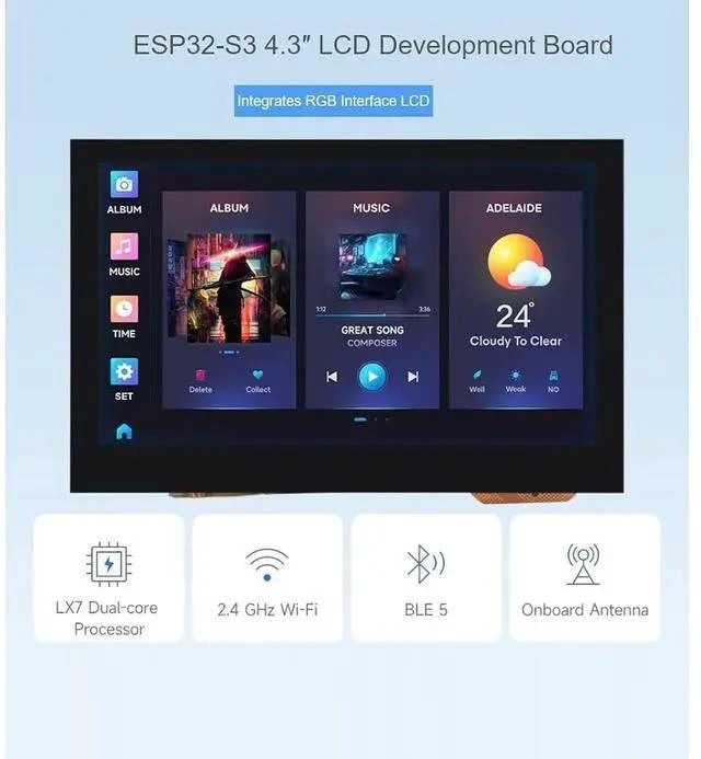 Alt view image 2 of 7 - ESP32-S3 4.3inch LCD Display Development Board with 2.4GHz WiFi and BLE 5 Support,32-bit LX7 Dual-core Processor,Onboard CAN, RS485, I2C Interface