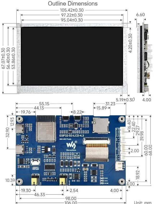 Alt view image 7 of 7 - ESP32-S3 4.3inch LCD Display Development Board with 2.4GHz WiFi and BLE 5 Support,32-bit LX7 Dual-core Processor,Onboard CAN, RS485, I2C Interface