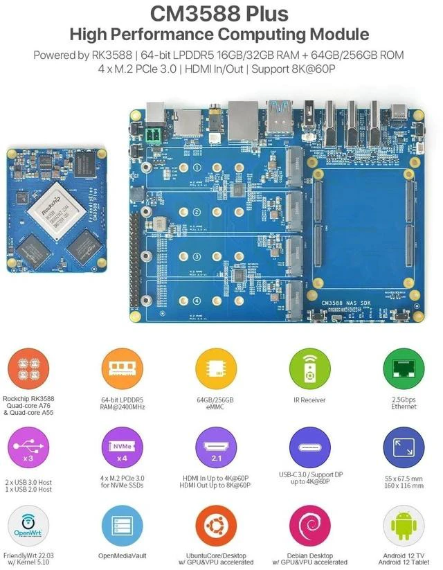 Alt view image 3 of 7 - CM3588 Plus Mini NAS Platform, up to 8K Video, RK3588,OpenMediaVault fit,32GB LPDDR5, 4 x M.2 PCIe3.0 Socket, NAS Solutions, Home Server,Local Cloud Storage (NAS Carrier Board)
