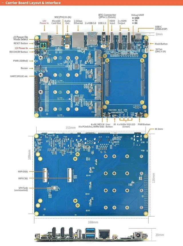 Alt view image 5 of 7 - CM3588 Plus Mini NAS Platform, up to 8K Video, RK3588,OpenMediaVault fit,32GB LPDDR5, 4 x M.2 PCIe3.0 Socket, NAS Solutions, Home Server,Local Cloud Storage (NAS Carrier Board)