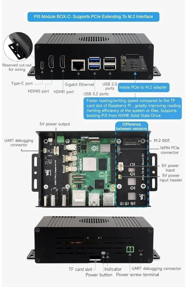 Alt view image 4 of 7 - Multi-Functional All-in-one Mini-Computer Kit Designed for Raspberry Pi 5,Aluminum Alloy Case+Pi5 HDMI and Type-C Adapter+PCIe to M.2 Board