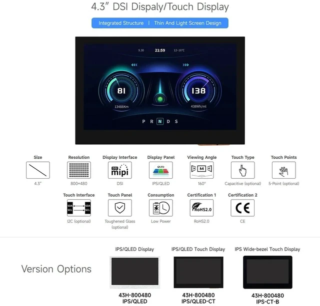 Alt view image 4 of 7 - 4.3inch DSI Display, 800 × 480 Resolution, IPS, Compatible with Raspberry Pi 4B/3B+/3A+/3B/2B/B+/A+, CM3/3+/4, Touch Version