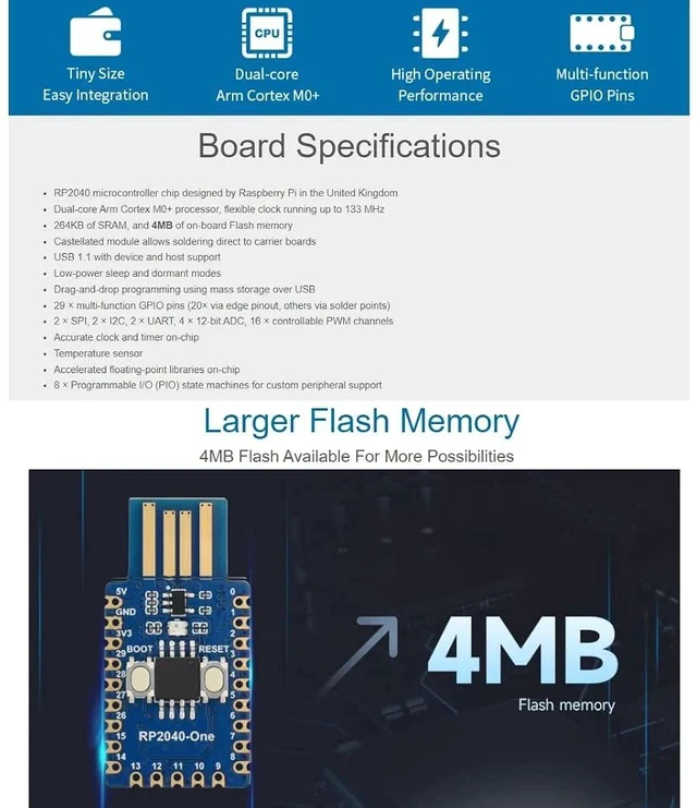 Alt view image 3 of 7 - RP2040-One Microcontroller Development Board Type-A 4MB Flash Pico-Like MCU Board Based on Raspberry Pi RP2040,PCB USB-A Port,Support C/C++,MicroPython