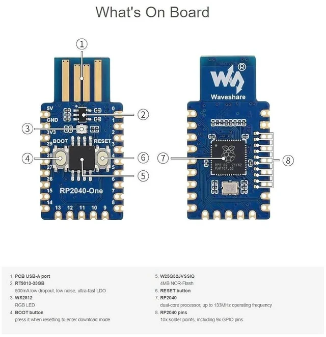 Alt view image 4 of 7 - RP2040-One Microcontroller Development Board Type-A 4MB Flash Pico-Like MCU Board Based on Raspberry Pi RP2040,PCB USB-A Port,Support C/C++,MicroPython