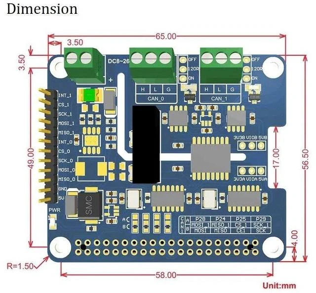 Alt view image 5 of 6 - 2-Channel CAN Bus HAT Isolated CAN FD Expansion HAT for Raspberry Pi ETH-USB-HUB-Box with Multi Onboard Protection Circuits Supports CAN2.0 CAN FD Protocols