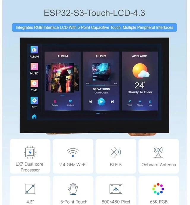 Alt view image 2 of 7 - ESP32-S3 4.3inch Capacitive Touch LCD Development Board with 2.4GHz WiFi and BLE 5 Support,32-bit LX7 Dual-core ProcessorOnboard CAN, RS485, I2C Interface