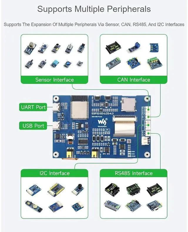 Alt view image 3 of 7 - ESP32-S3 4.3inch LCD Display Development Board with 2.4GHz WiFi and BLE 5 Support,32-bit LX7 Dual-core Processor,Onboard CAN, RS485, I2C Interface