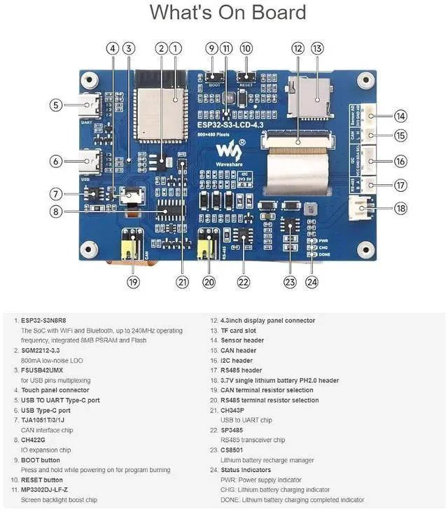 Alt view image 6 of 7 - ESP32-S3 4.3inch LCD Display Development Board with 2.4GHz WiFi and BLE 5 Support,32-bit LX7 Dual-core Processor,Onboard CAN, RS485, I2C Interface