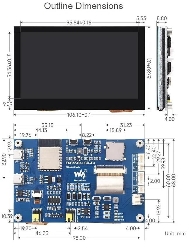 Alt view image 7 of 7 - ESP32-S3 4.3inch Capacitive Touch LCD Development Board with 2.4GHz WiFi and BLE 5 Support,32-bit LX7 Dual-core ProcessorOnboard CAN, RS485, I2C Interface