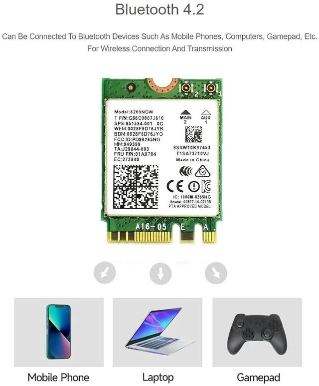 Alt view image 4 of 7 - Wireless-AC8265 Dual Mode AC8265 Wireless NIC Module for Jetson Nano Developer Kit M.2 NGFF Support 2.4GHz / 5GHz 300Mbps / 867Mbps Dual Band WiFi and Bluetooth 4.2