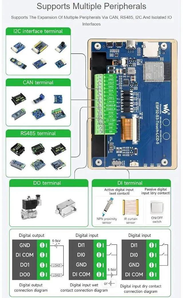 Alt view image 4 of 7 - ESP32-S3 5inch Display LCD Development Board 1024×600 Solution IPS Display with 2.4GHz WiFi and BLE 5 Support,32-bit LX7 Dual-core Processor