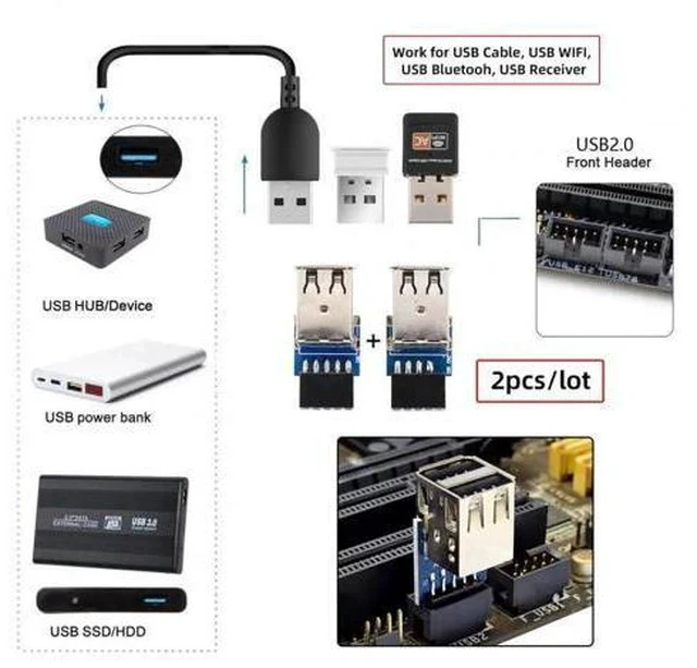 Alt view image 6 of 7 - 2-Pack Vertical 9/10Pin Motherboard Header to Dual USB 2.0 Female Adapter, Internal Mainboard USB 2.0 Front Panel Converter for DIY PC Cases