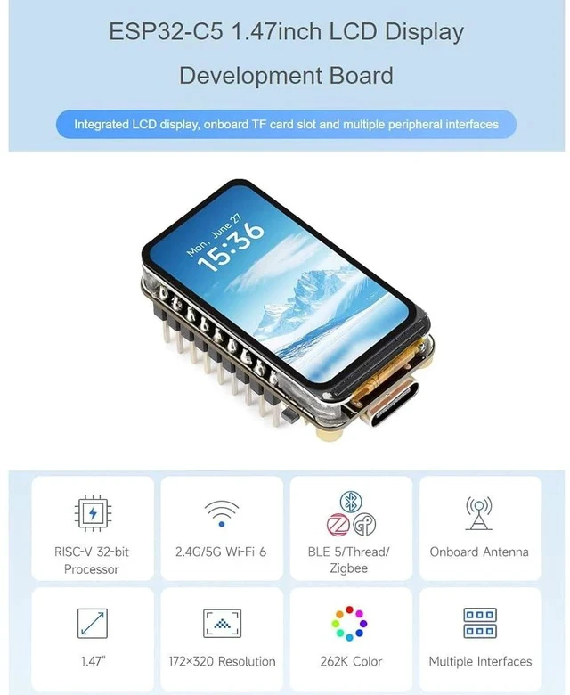 Alt view image 2 of 7 - ESP32-C5 1.47inch LCD Display Development Board ,262K Color Display