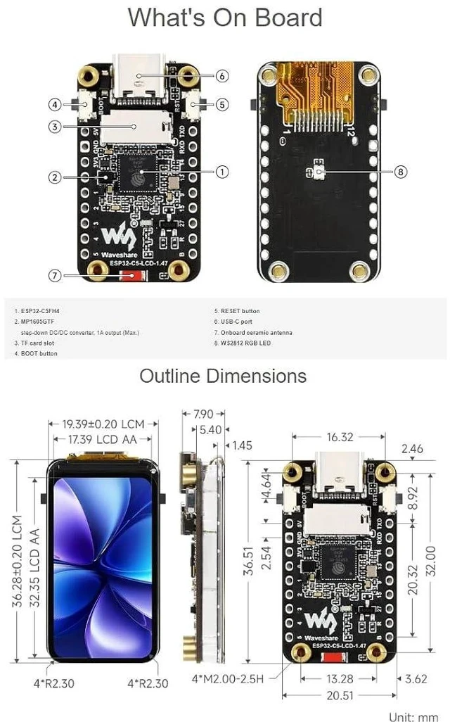 Alt view image 7 of 7 - ESP32-C5 1.47inch LCD Display Development Board ,262K Color Display