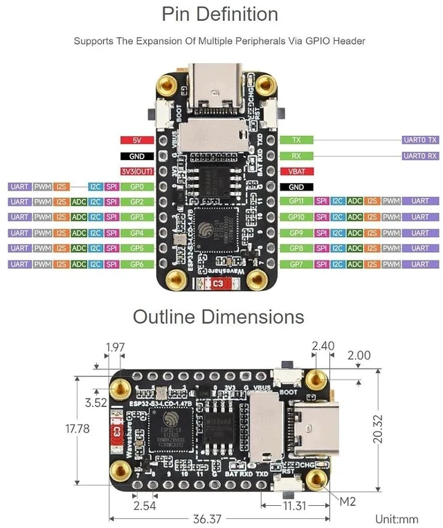 Alt view image 5 of 7 - ESP32-S3 1.47inch LCD Display Development Board Type B with pre-soldered Header 172×320 Resolution 262K Display Color Display Supports 2.4GHz Wi-Fi and BLE 5