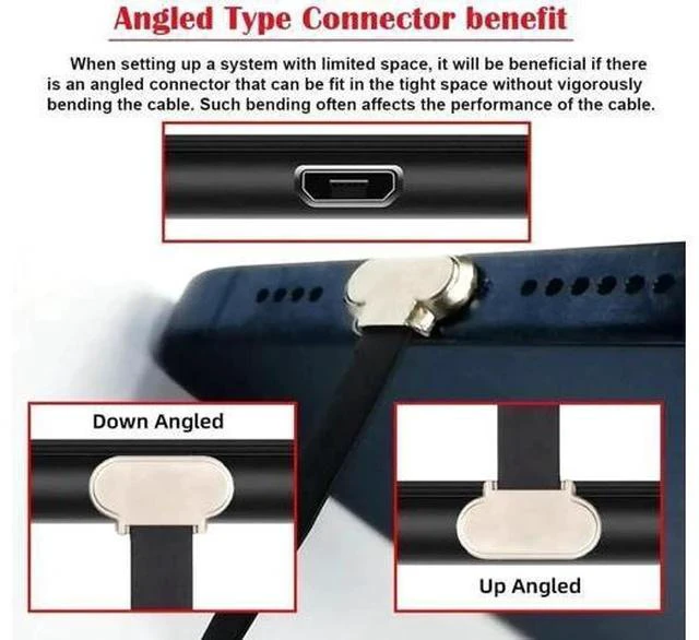 Alt view image 4 of 7 - 16cm Flat Micro USB 2.0 Male to Male Cable, Up-Down 90° Angled Ultra Slim 5Pin Cord for Charging & Data Sync