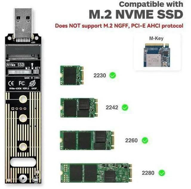 Alt view image 2 of 7 - USB 3.1 Gen 2 M.2 NVMe SSD Adapter, 10Gbps M-Key External SSD Reader with UASP, Supports Up to 4TB, Fits 2230/2242/2260/2280 NVMe Drives Only