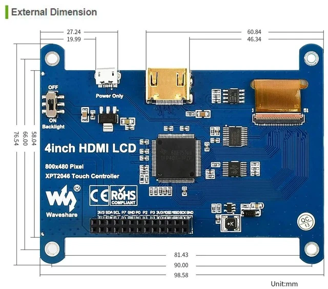 Alt view image 2 of 3 - 4 inch HDMI LCD IPS Display 800x480 Resolution Resistive Touch Screen Interface for Raspberry Pi 4 B/3 B/3 B+/2 B/B+/B Zero W