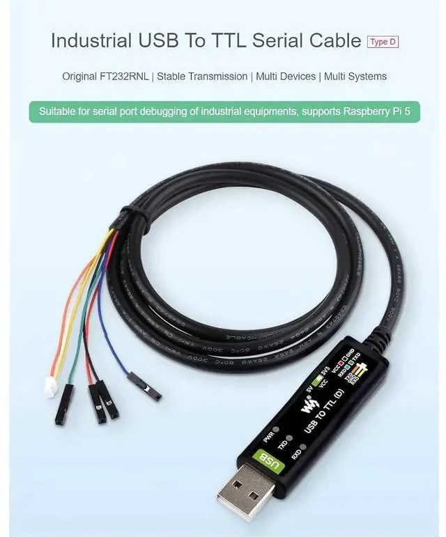 Alt view image 2 of 7 - Industrial USB to TTL Serial Adapter Cable, USB to TTL (D) Converter Onboard FT232RNL Chip Suitable for Raspberry Pi 5 Serial Port Debugging,3.3V/5V Voltage Level Switching
