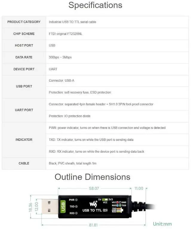 Alt view image 3 of 7 - Industrial USB to TTL Serial Adapter Cable, USB to TTL (D) Converter Onboard FT232RNL Chip Suitable for Raspberry Pi 5 Serial Port Debugging,3.3V/5V Voltage Level Switching