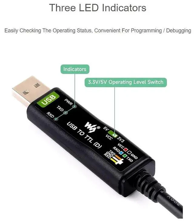 Alt view image 7 of 7 - Industrial USB to TTL Serial Adapter Cable, USB to TTL (D) Converter Onboard FT232RNL Chip Suitable for Raspberry Pi 5 Serial Port Debugging,3.3V/5V Voltage Level Switching