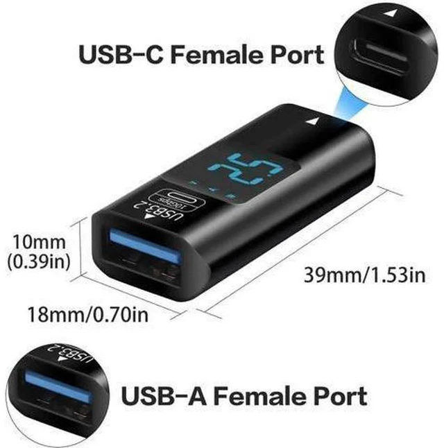 Alt view image 2 of 7 - 2 Pack USB 3.2 Gen2 USB C Female to USB A Female Coupler with Digital Power Display, 10Gbps Data Transfer Dual-Way Fast Charging Adapter Converter for USB-A & USB-C Devices