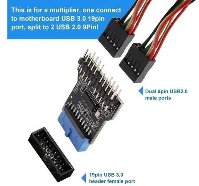 Alt view image 4 of 7 - USB3.0 19Pin to Dual USB2.0 9Pin Front Panel Header Adapter Card, Mainboard 19PIN to Double 9PIN Internal Expansion Converter