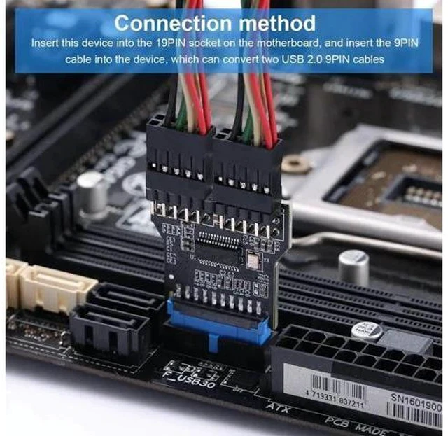 Alt view image 6 of 7 - USB3.0 19Pin to Dual USB2.0 9Pin Front Panel Header Adapter Card, Mainboard 19PIN to Double 9PIN Internal Expansion Converter