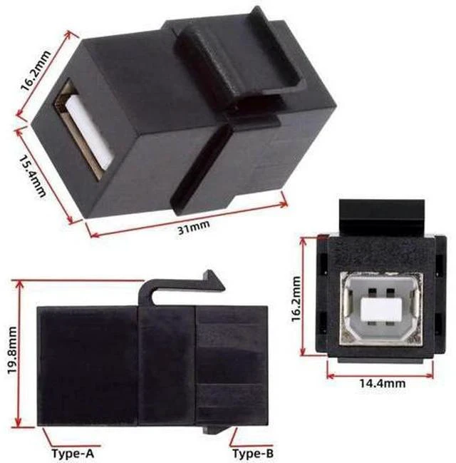 Alt view image 2 of 7 - USB 2.0 Type-A Female to Type-B Female Keystone Jack Adapter, Wall Plate Socket Module Coupler