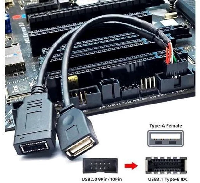 Alt view image 5 of 7 - 0.49FT Motherboard 9Pin USB2.0 Male 1-to-2 Splitter Cable, 9Pin Header to Dual Type-E Key-A Female Front Panel Extension Cord for PC Chassis