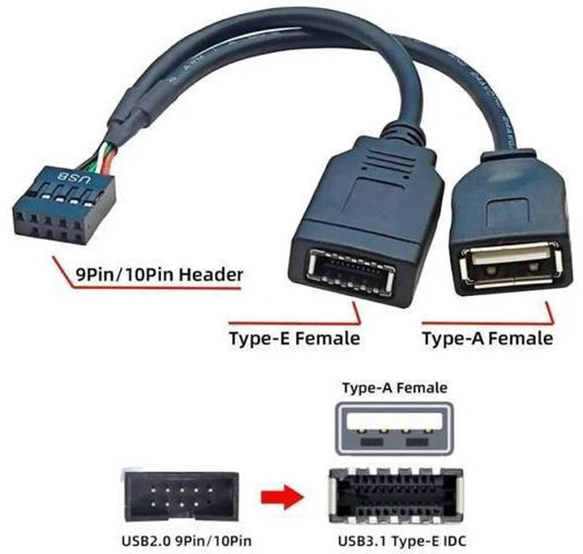 Alt view image 7 of 7 - 0.49FT Motherboard 9Pin USB2.0 Male 1-to-2 Splitter Cable, 9Pin Header to Dual Type-E Key-A Female Front Panel Extension Cord for PC Chassis