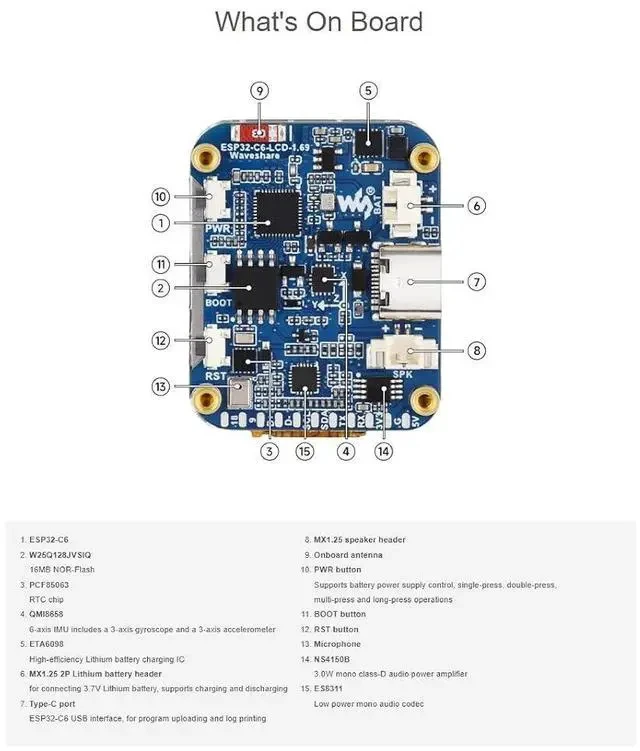 Alt view image 6 of 7 - ESP32-C6 1.69inch LCD Development Board 240×280 Pixels 262K Color IPS Display Supports Wi-Fi 6 / BLE 5 and AI Voice Interaction