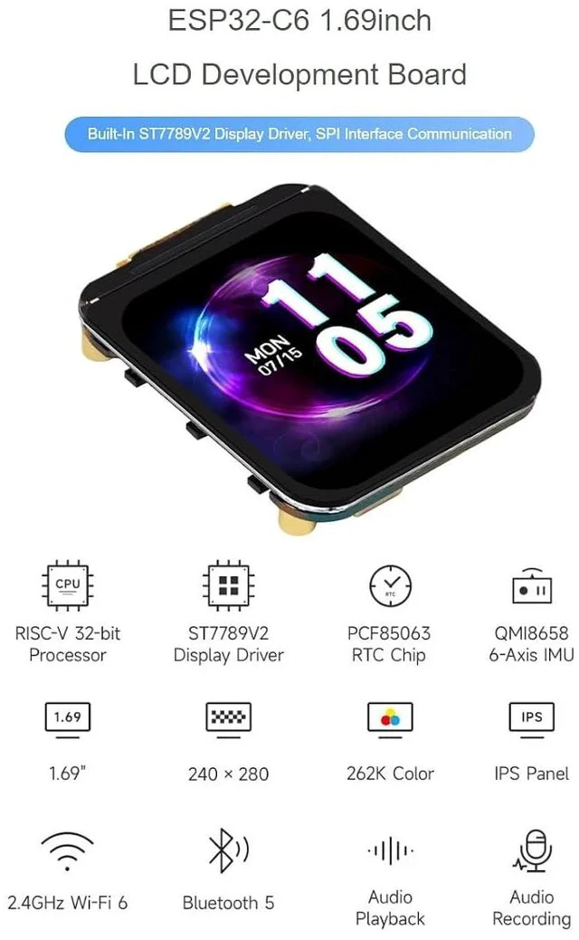 Alt view image 2 of 7 - ESP32-C6 1.69inch LCD Development Board 240×280 Pixels 262K Color IPS Display Supports Wi-Fi 6 / BLE 5 and AI Voice Interaction