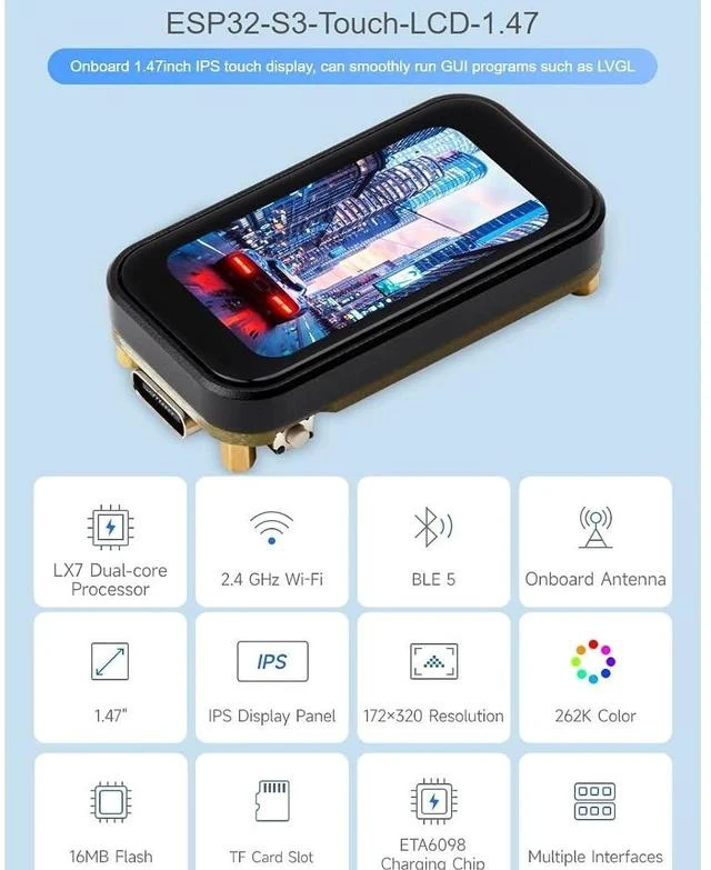 Alt view image 2 of 7 - ESP32-S3 1.47inch Touch Display Development Board,172×320 Resolution 262K Color RGB LED,Supports 2.4GHz Wi-Fi/BLE 5