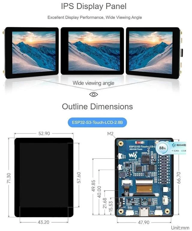 Alt view image 3 of 7 - ESP32-S3 2.8inch Display Development Board 240×320 Pixels IPS LCD Display,Supports WiFi & Bluetooth,32-Bit LX7 Dual-Core Processor