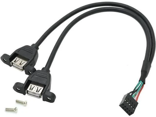Main image of Panel Mount USB 2.0 Header Cable, 9Pin Motherboard Header to Dual USB-A Female Splitter Cord with Mounting Screws, 1.64FT Black