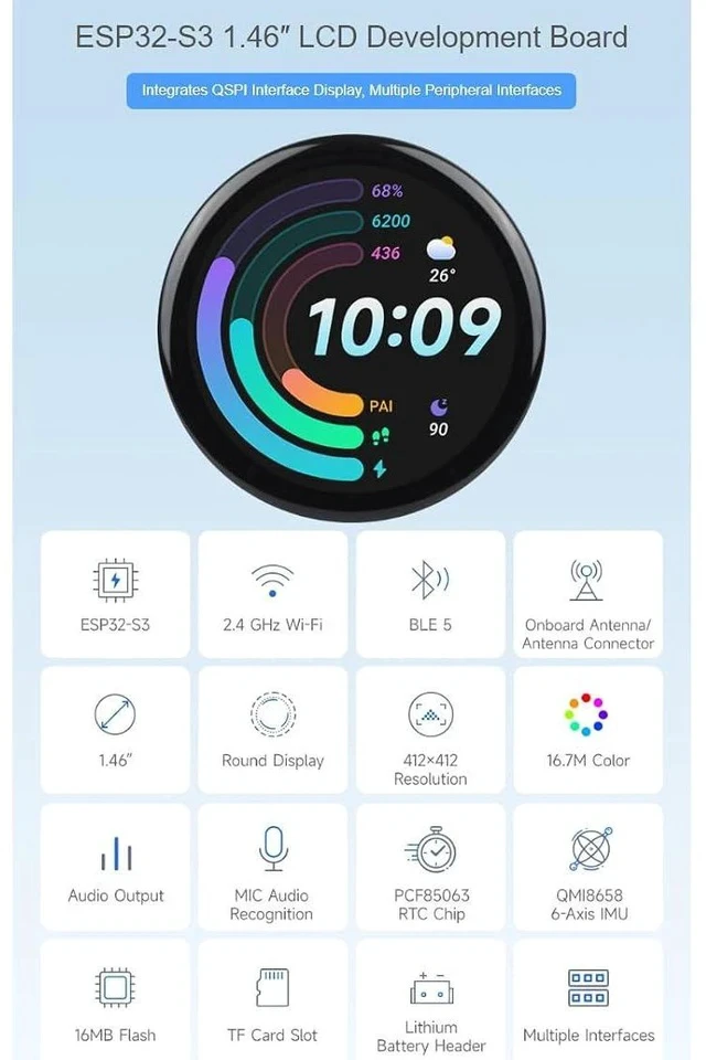 Alt view image 2 of 7 - ESP32-S3 1.46inch Round Display Development Board 412×412 Resolution 16.7M Color Capacitive Touch IPS Display Panel Onboard Speaker and Microphone