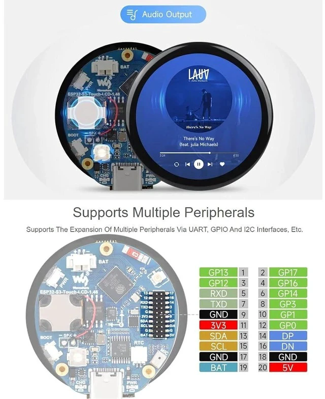 Alt view image 4 of 7 - ESP32-S3 1.46inch Round Display Development Board 412×412 Resolution 16.7M Color Capacitive Touch IPS Display Panel Onboard Speaker and Microphone
